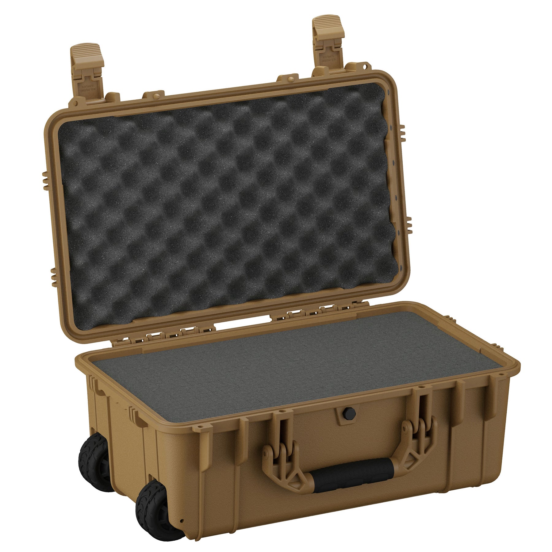 Alt text: "22-inch large rugged protective case with wheels, shown open to display egg-crate foam in the lid and flat foam in the base, in a tan color, featuring heavy-duty latches and handles."
