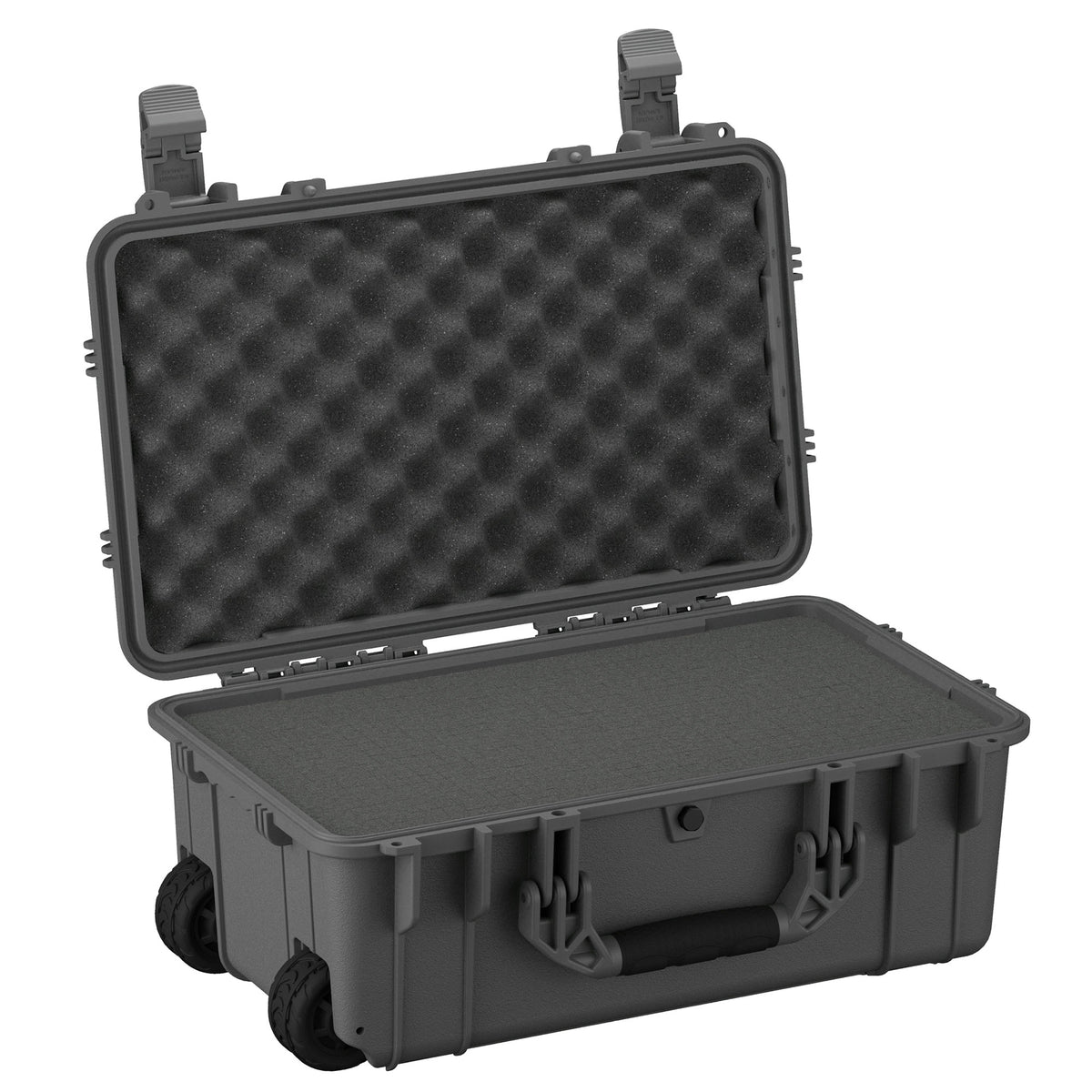 Alt text: "22 inch large protective case, model #300, with open lid showing foam interior. The case is equipped with robust wheels and dual latch closures, designed for secure and durable transport of sensitive equipment."