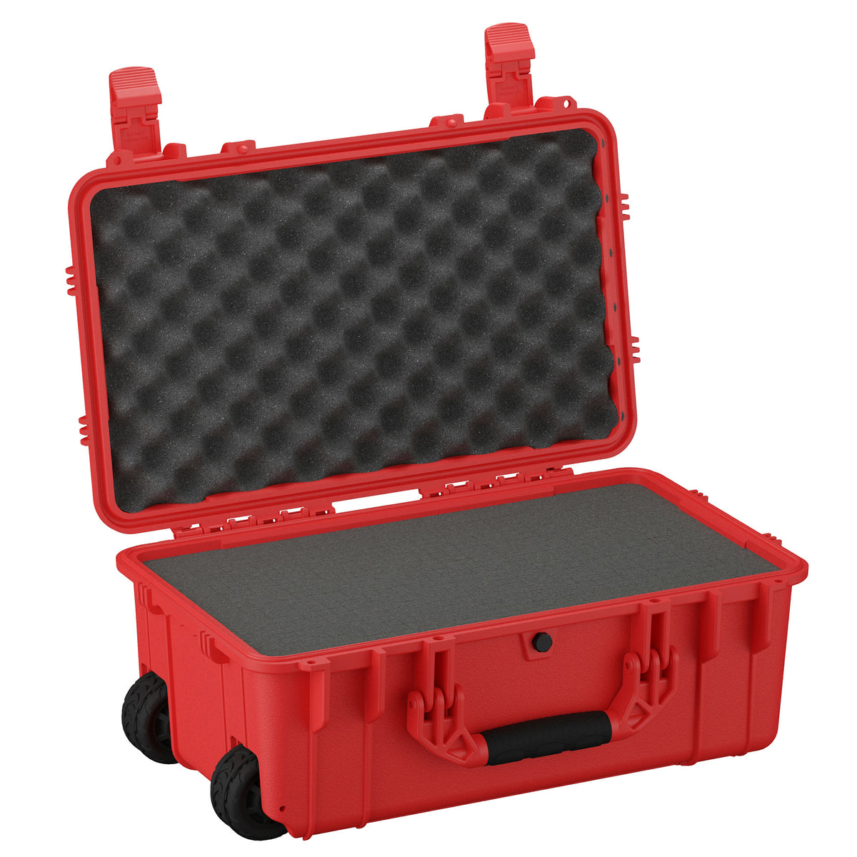 Red hard case with wheels, open to display egg-crate foam interior in lid and flat foam padding in base, measuring 22 inches, labeled as Large Case #300.
