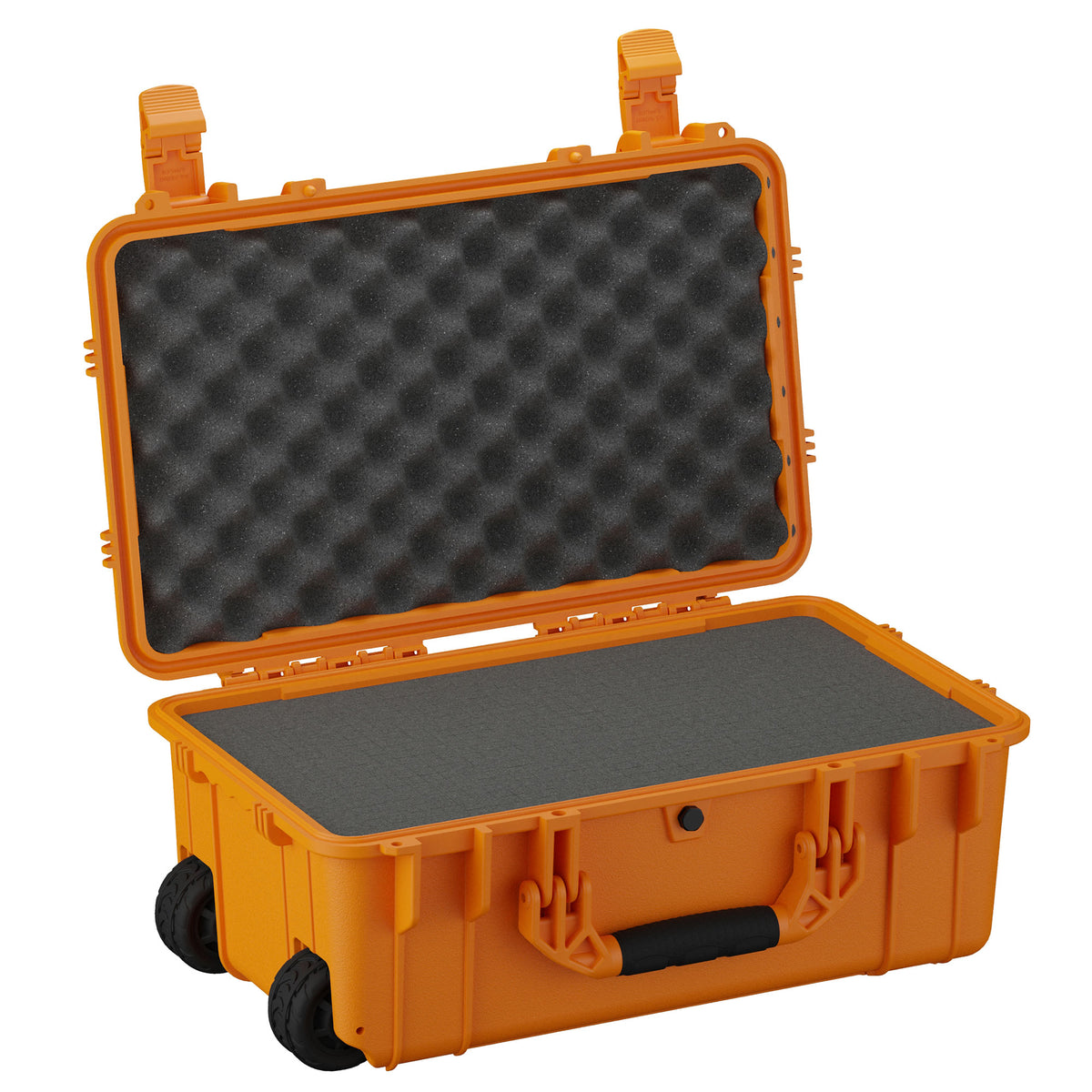 Alt text: "22-inch large orange protective case model #300 with wheels, opened to show its interior gray foam padding. The case features sturdy latches and is designed for secure transportation of sensitive equipment."