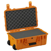 Alt text: "22-inch large orange protective case model #300 with wheels, opened to show its interior gray foam padding. The case features sturdy latches and is designed for secure transportation of sensitive equipment."