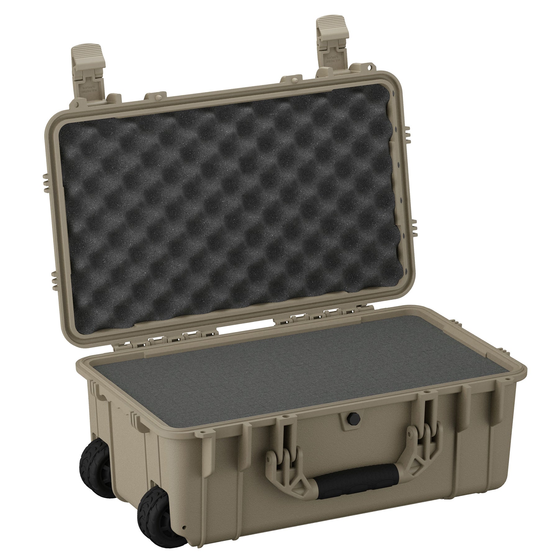 22-inch large olive green protective case with wheels, open to reveal foam padded interior for secure storage, featuring sturdy handles and dual latches.