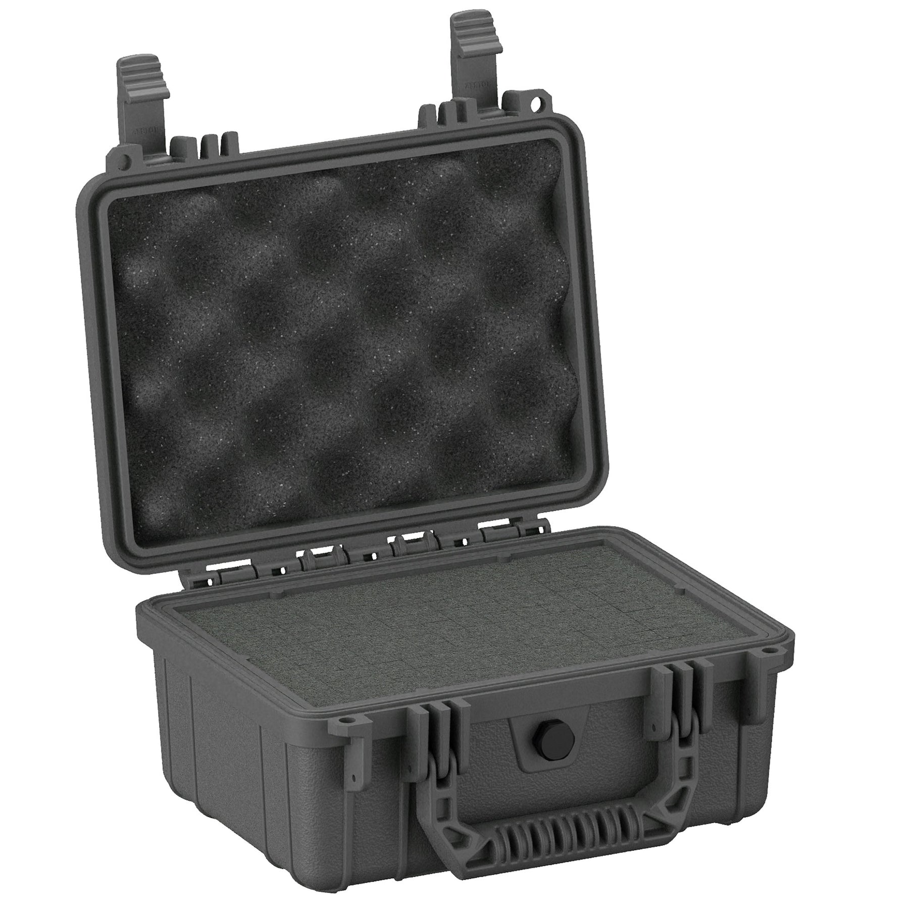 Alt text: "Durable 10-inch rugged protective case, model number 312, shown open with gray foam inserts in both upper and lower sections for cushioning, featuring robust black plastic exterior and secure latch closure."