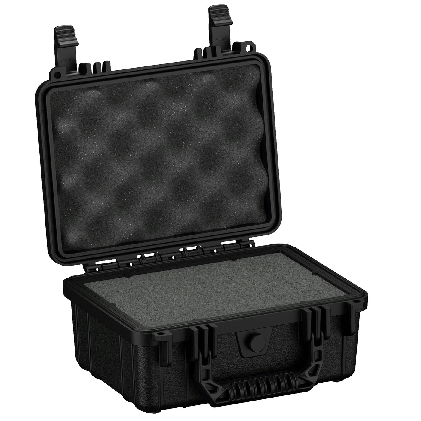 Alt text: "Robust black hard shell protective case, 10 inches, model #312, shown open with customizable foam interior and durable exterior latches."