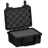 Alt text: "Robust black hard shell protective case, 10 inches, model #312, shown open with customizable foam interior and durable exterior latches."