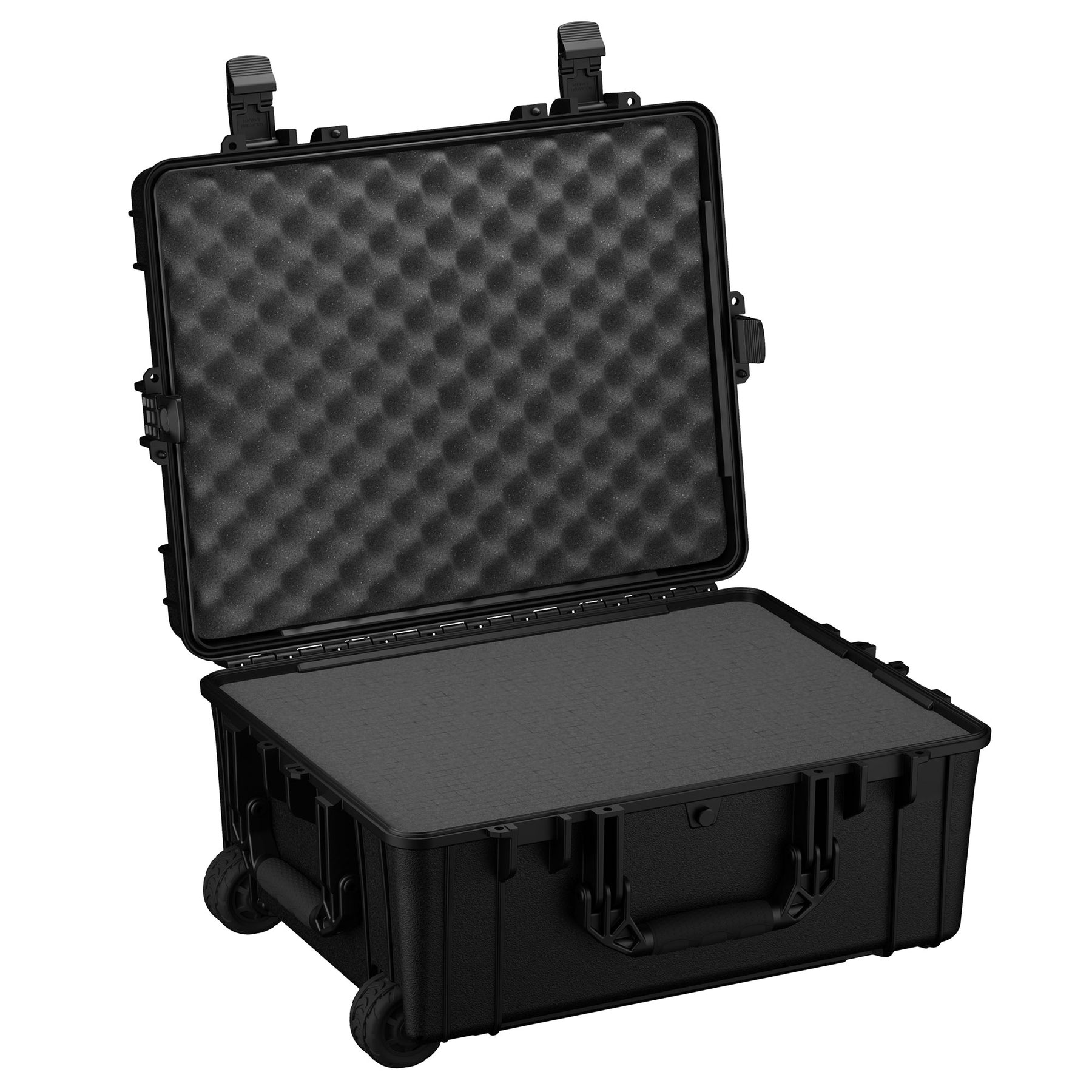Alt text: Large 25-inch black protective hard case on wheels, open to reveal egg-crate foam lining in lid, robust handles and latches visible, designed for secure storage and transportation.