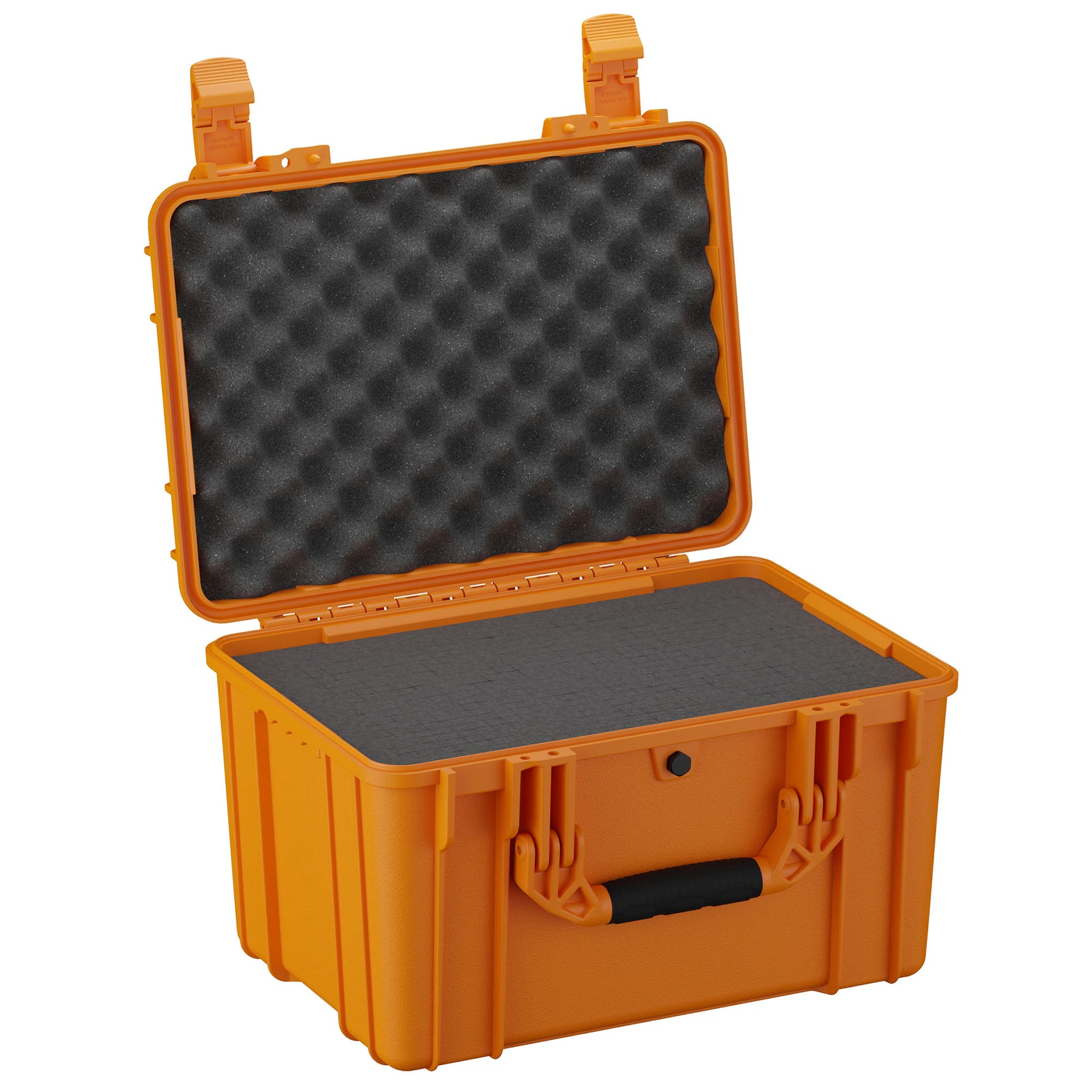 Orange 18-inch medium protective case with open lid showing foam interior, rugged handles, and dual latches, designed for secure storage and transportation.