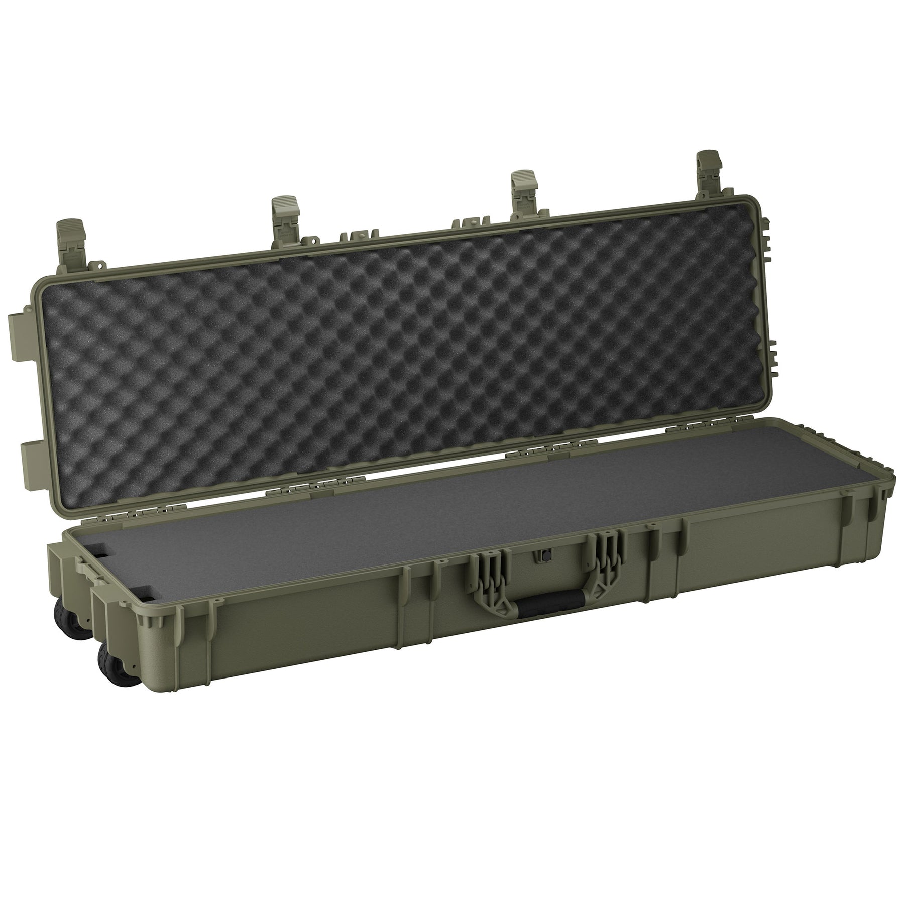 Open 55-inch long green protective case with foam padding and foam-lined lid, designed for secure transport.