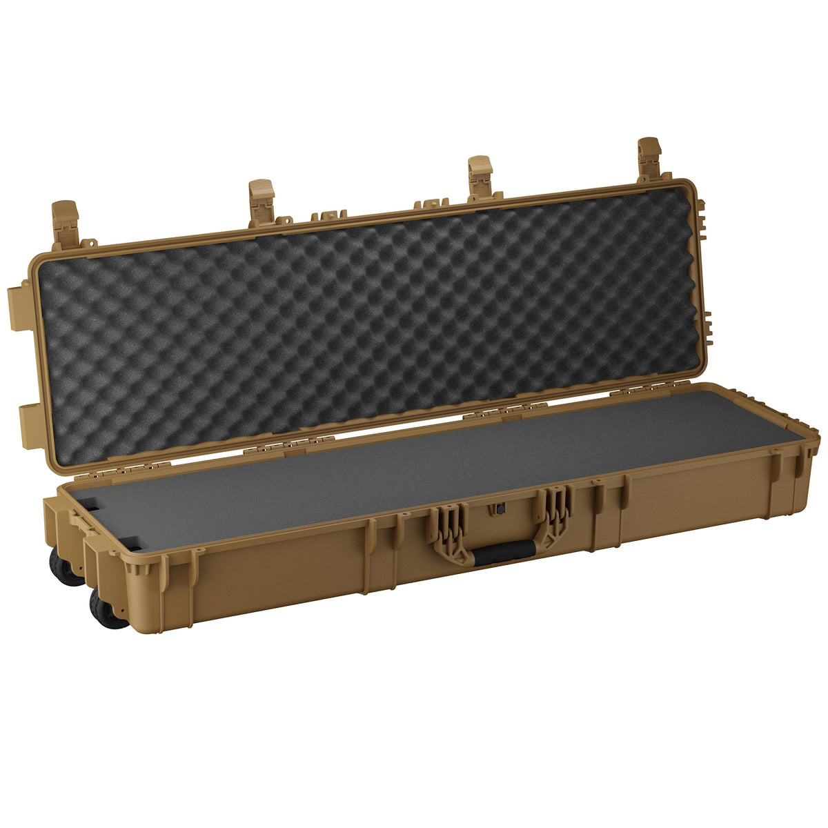 Open tan hard case with foam padding, designed for a 55-inch long item, model #2106, with secure latches and wheels.