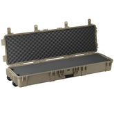 Long beige protective case, 55 inches, with foam padding and foam-lined interior, designed for secure transport of items.
