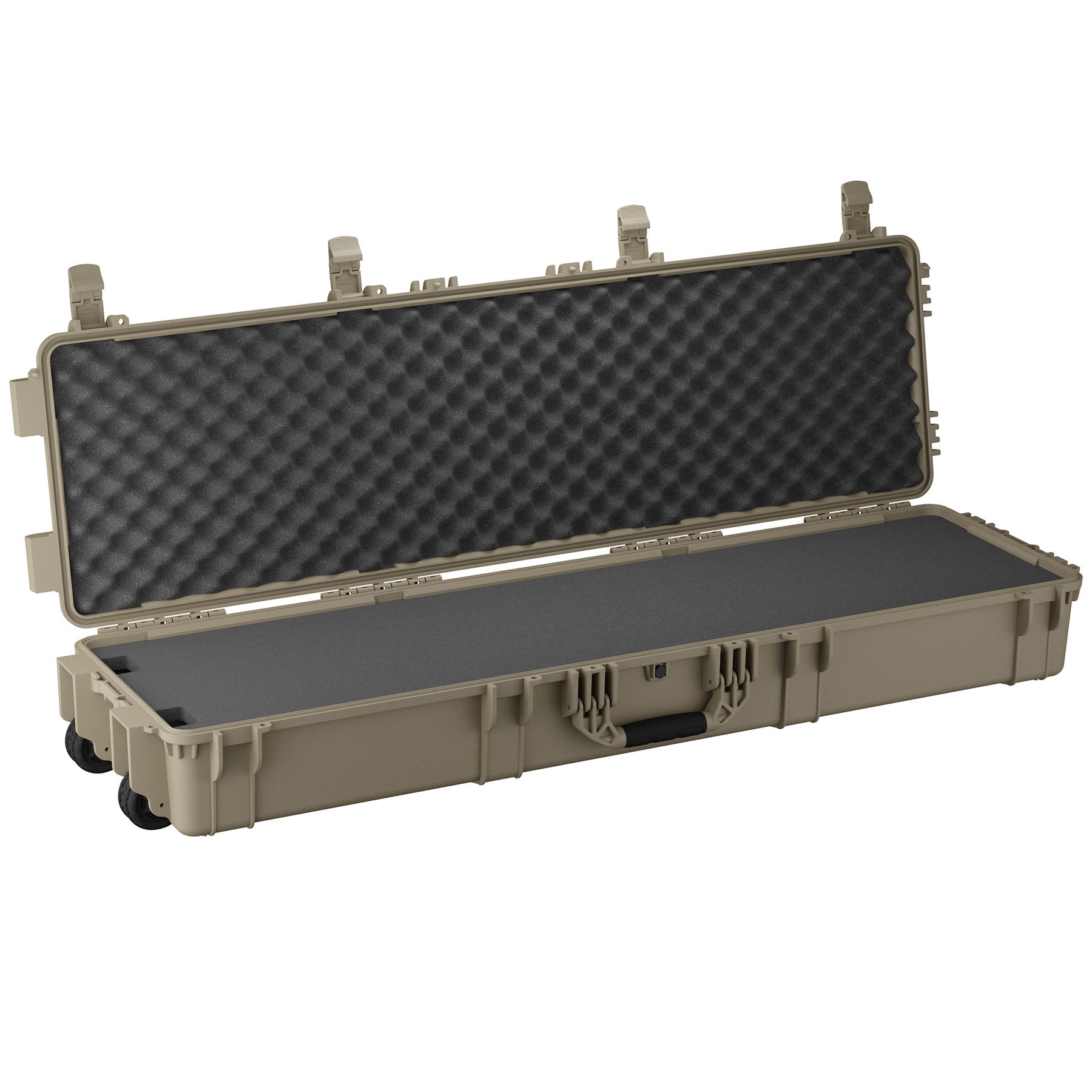 Long beige protective case, 55 inches, with foam padding and foam-lined interior, designed for secure transport of items.