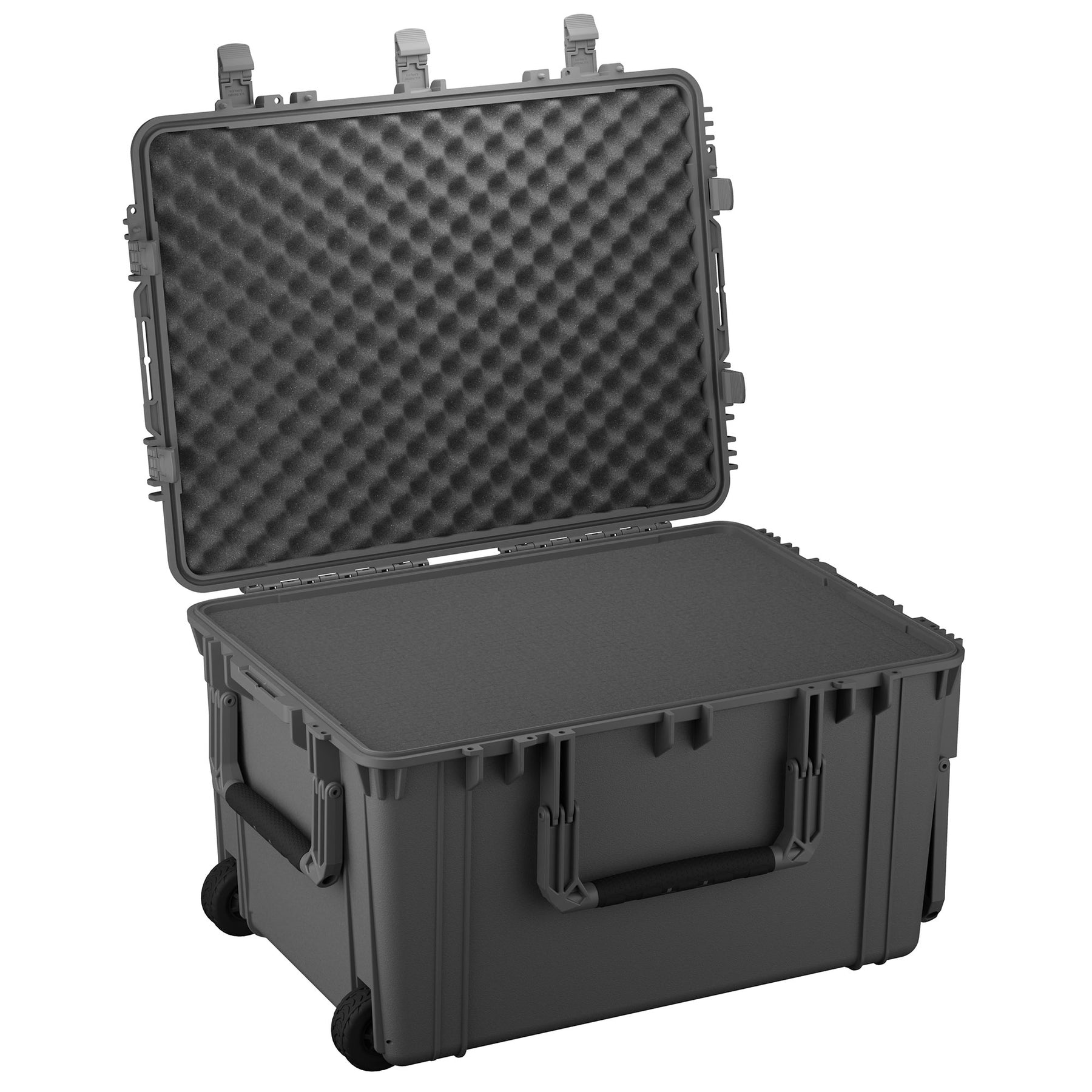Large 33-inch protective hard case with foam insert, featuring wheels, sturdy handles, and secure latches, ideal for sensitive equipment storage and transport.