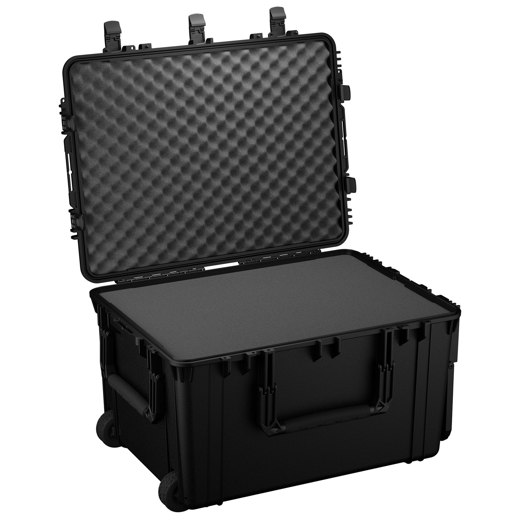Alt text: "Large, black, rugged protective case, 33 inches, with wheels and handles, featuring an open lid displaying a padded foam interior, model number 2152."