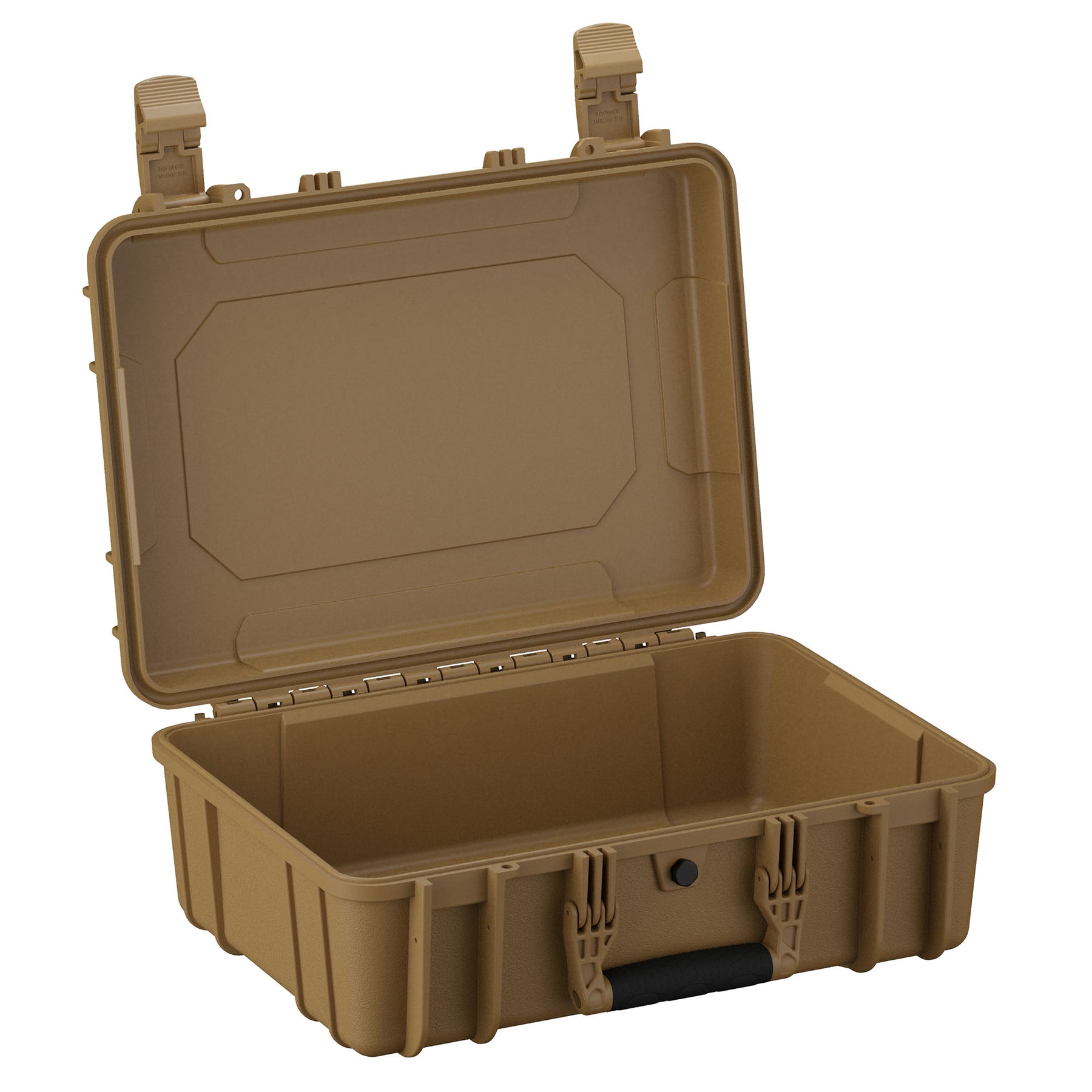Alt text: "Open 18-inch medium-sized rugged case in tan with durable hinges and secure latches, featuring an empty, customizable interior compartment, ideal for protecting and transporting sensitive equipment."