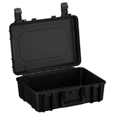 Black, 18-inch medium-sized protective case with open lid, featuring robust handles and durable locking mechanisms, ideal for secure storage and transportation of sensitive equipment.