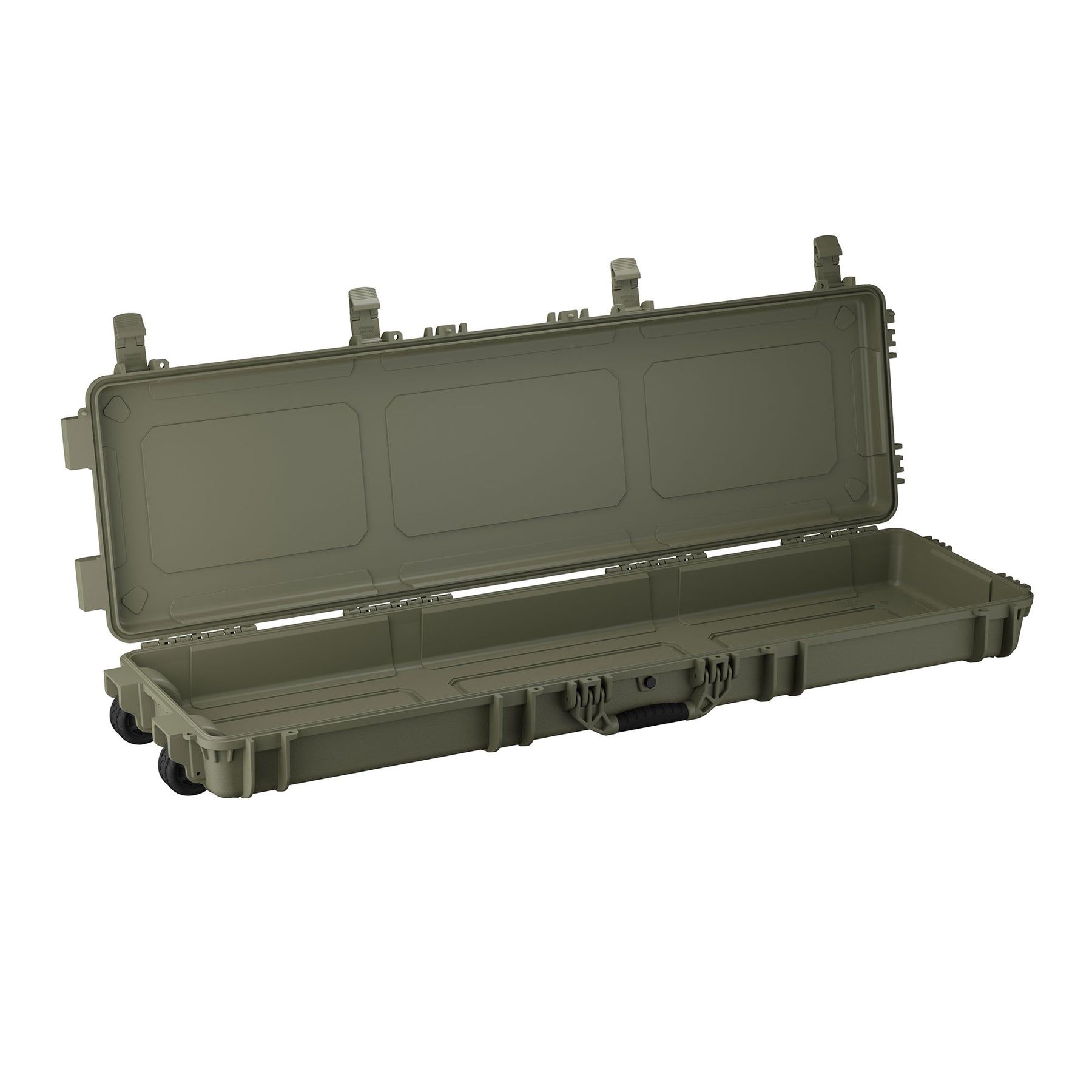 Olive green, 55-inch long hard protective case with a secure latch, wheels, and foam interior for equipment storage.