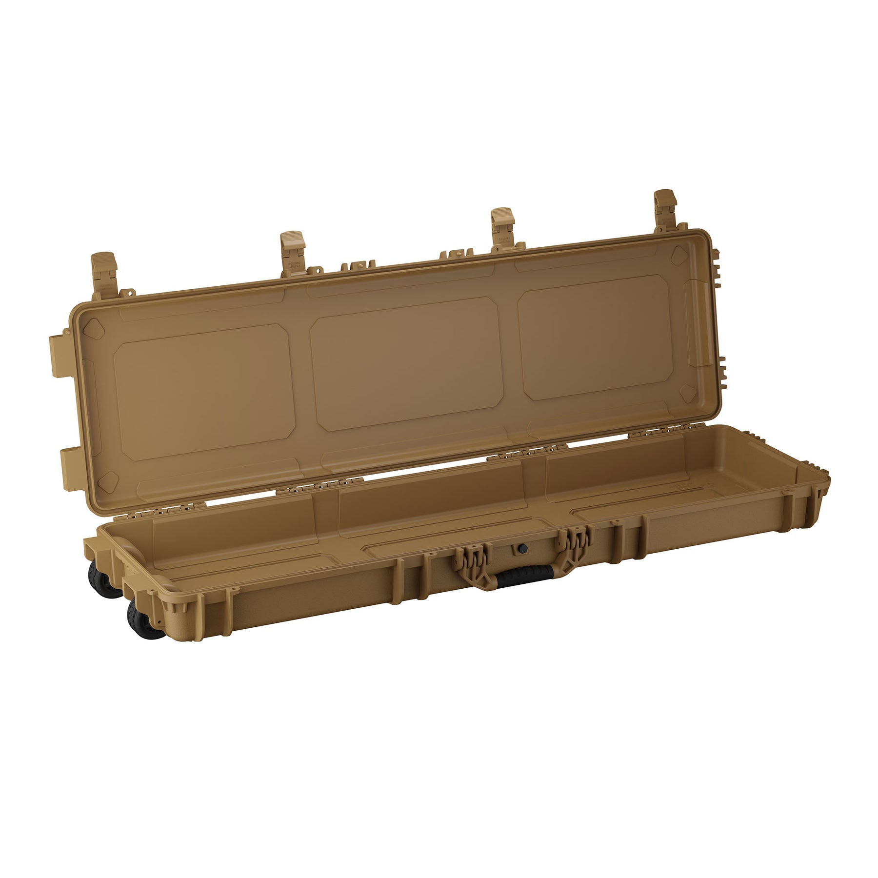 Open 55-inch long tan protective case with wheels and secure latches, designed for durable storage and transport.