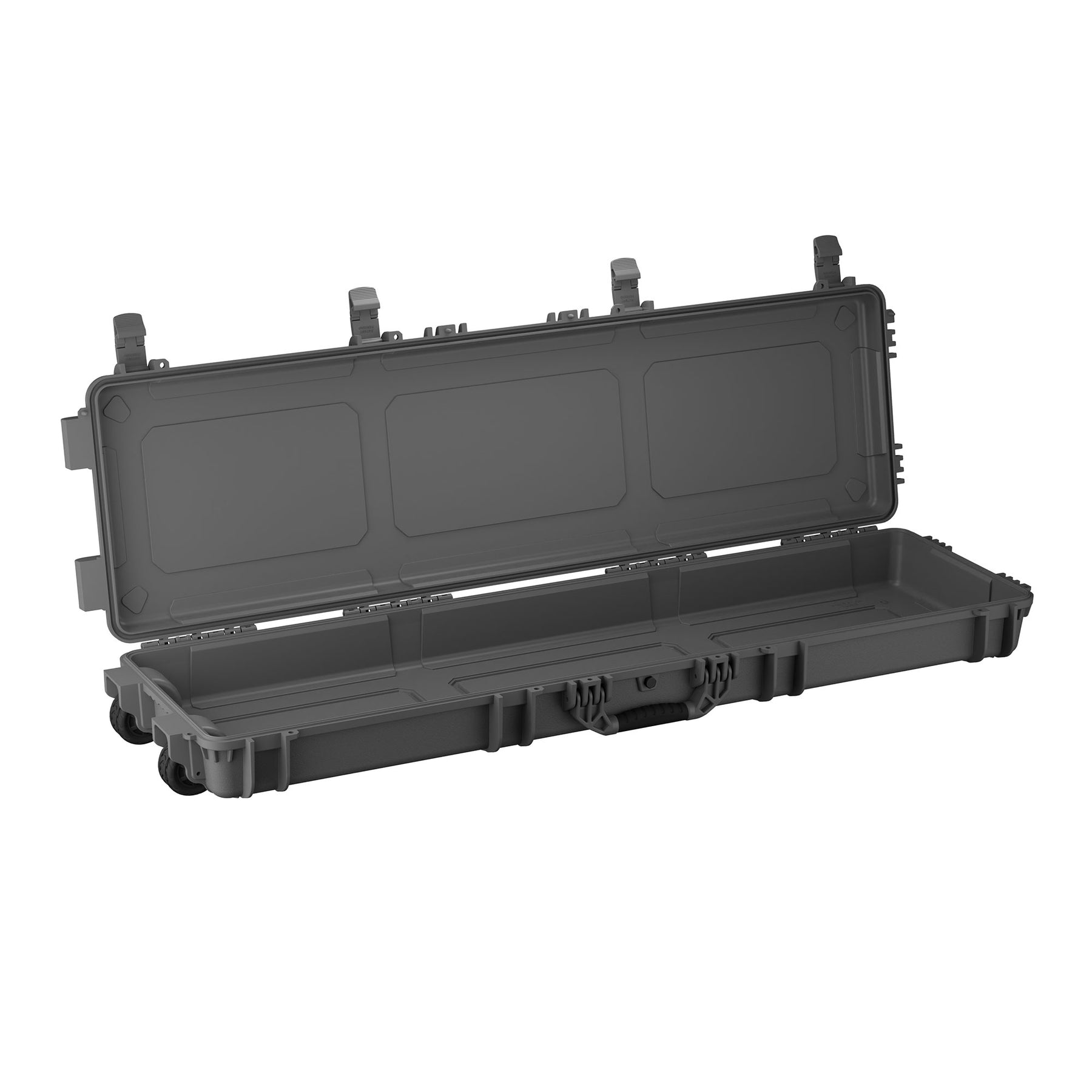 Open 55-inch long black protective case with wheels and secure latches, designed for storing and transporting equipment.