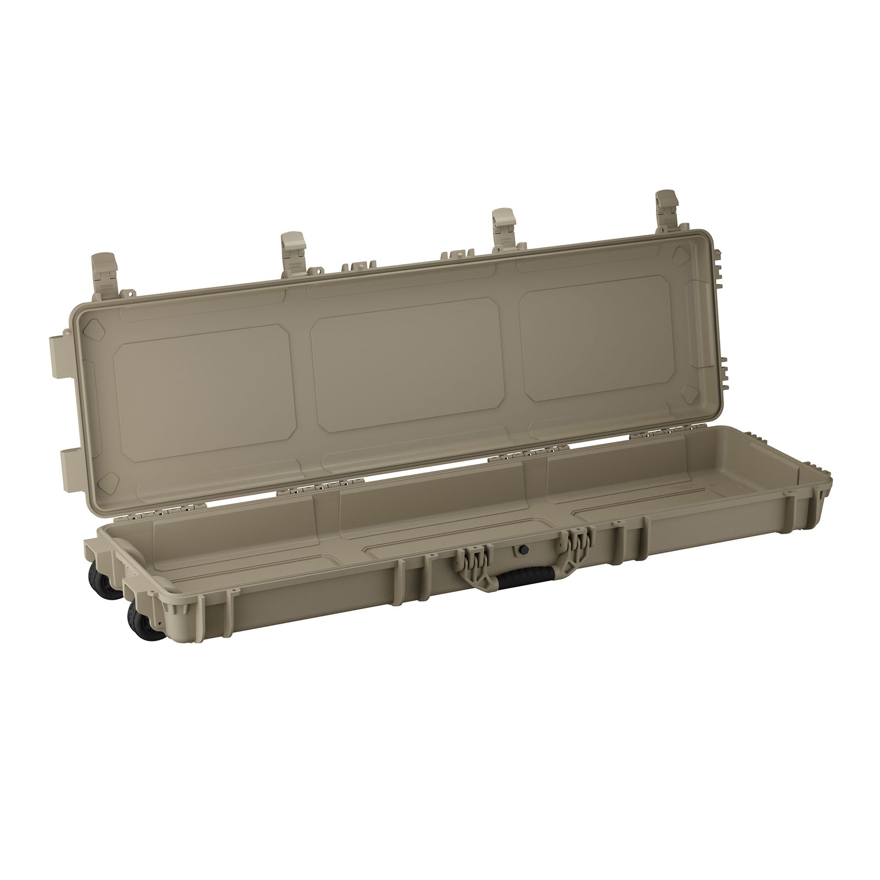 Open 55-inch long tan protective case with wheels and secure latches, designed for safe transport of equipment.