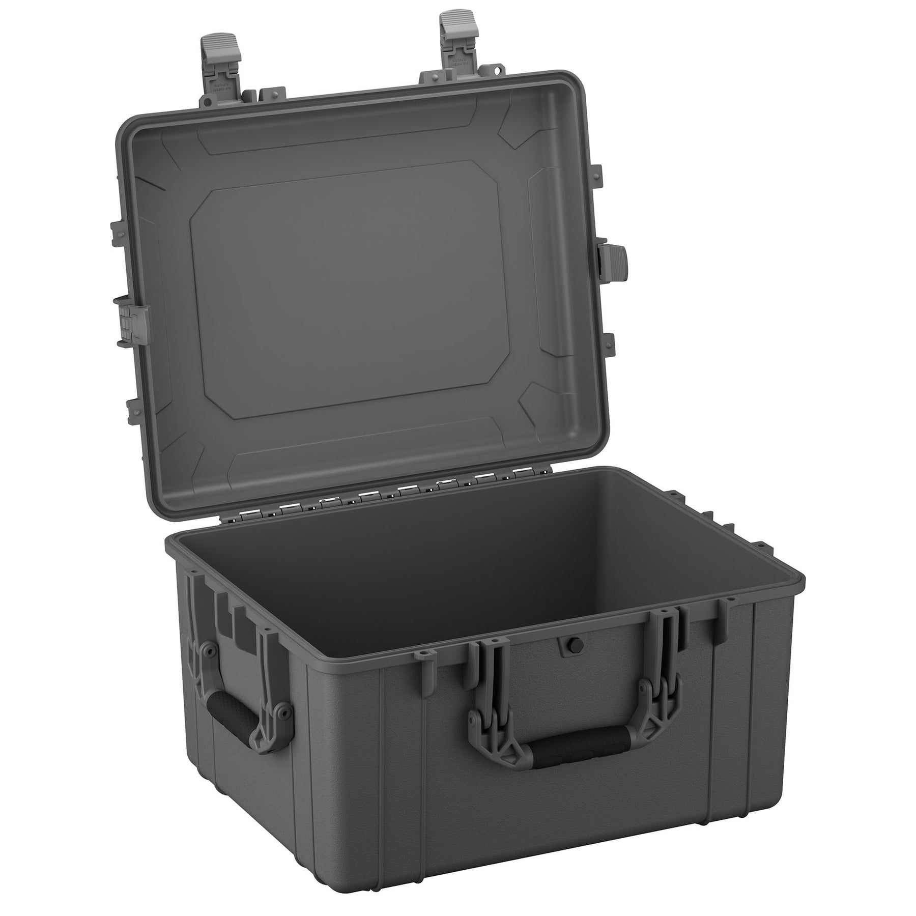Alt text: "Open large rugged gray protective case, measuring 25 inches, featuring dual locking clasps and a thick handle, ideal for secure storage and transportation of sensitive equipment."