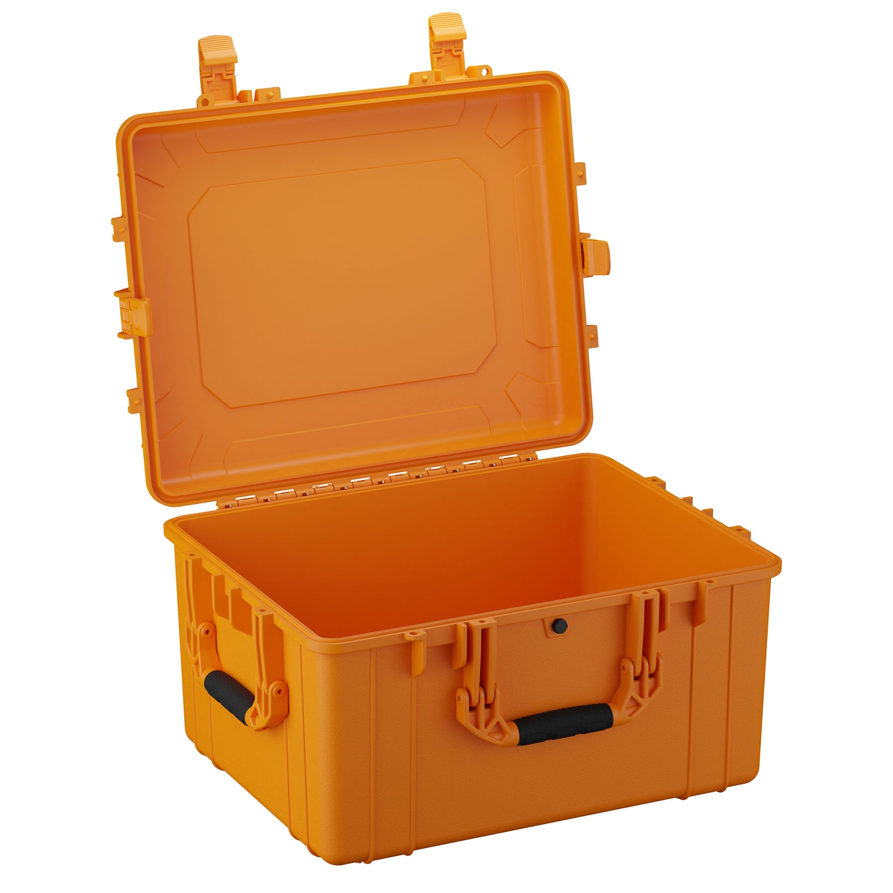 25-inch large orange protective case with open lid, featuring durable handles and secure latch closures.