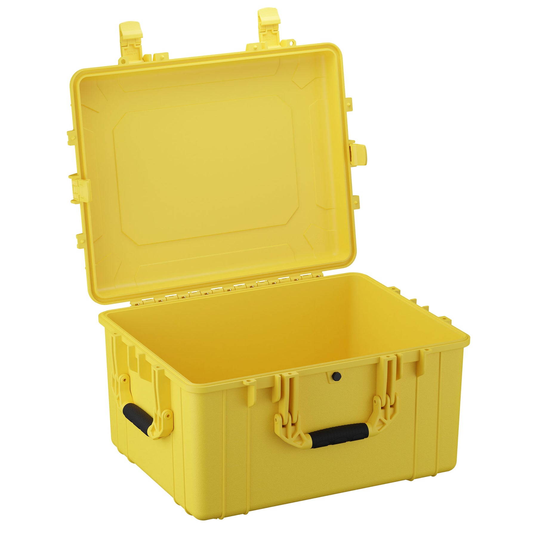 Alt text: "Yellow 25-inch large hard case open and standing upright, revealing the spacious interior and sturdy latches, designed for durable and secure storage."