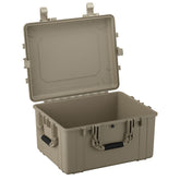 Alt text: Large 25-inch protective case in light gray, shown open with dual sturdy latches and reinforced corners, ideal for secure storage and transportation of sensitive equipment.