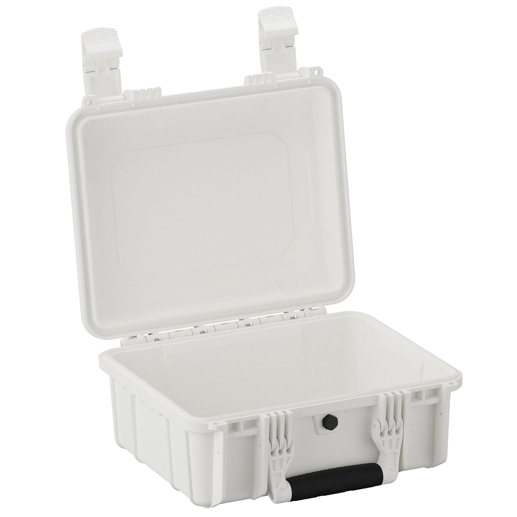 A 14-inch medium-sized rugged white protective case with the lid open, featuring dual sturdy latches and a black handle, suitable for safely transporting sensitive equipment.