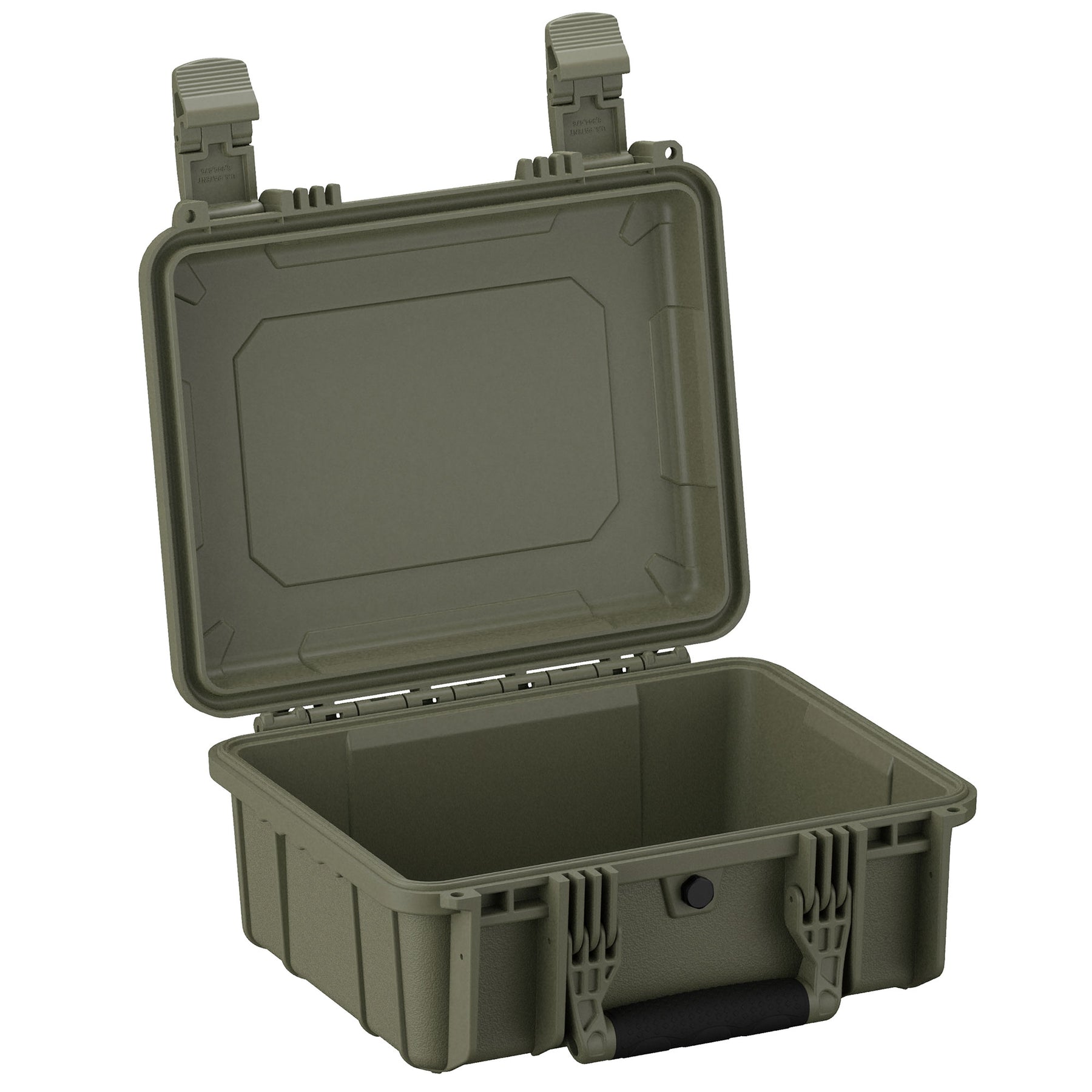 Alt text: "Open 14-inch medium-sized olive green hard case with durable plastic exterior, featuring dual latch closure and a robust handle, ideal for secure storage and transport."
