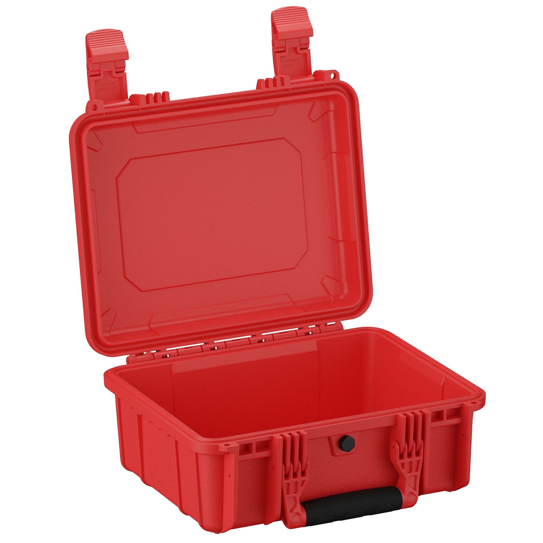 Red 14-inch medium protective case open to display its spacious, rugged interior and secure clasps, ideal for storage and transportation of sensitive items.