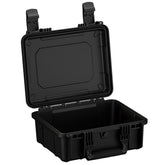 Alt text: "Open black, 14-inch, rugged medium-sized case with dual latch system and a durable handle, showing interior and underside of lid with reinforced corners for extra protection."