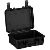 Black high-durability 16-inch medium-sized hard case with rugged exterior, dual locking clasps, and foam-padded interior, open and empty, showing both base and lid.