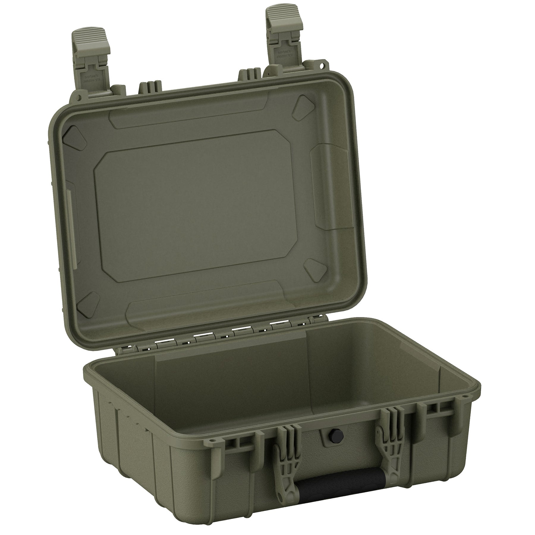Alt text: "Open 16-inch medium-sized rugged case in military green with secure latches and reinforced corners, view highlighting the empty interior and durable exterior design."