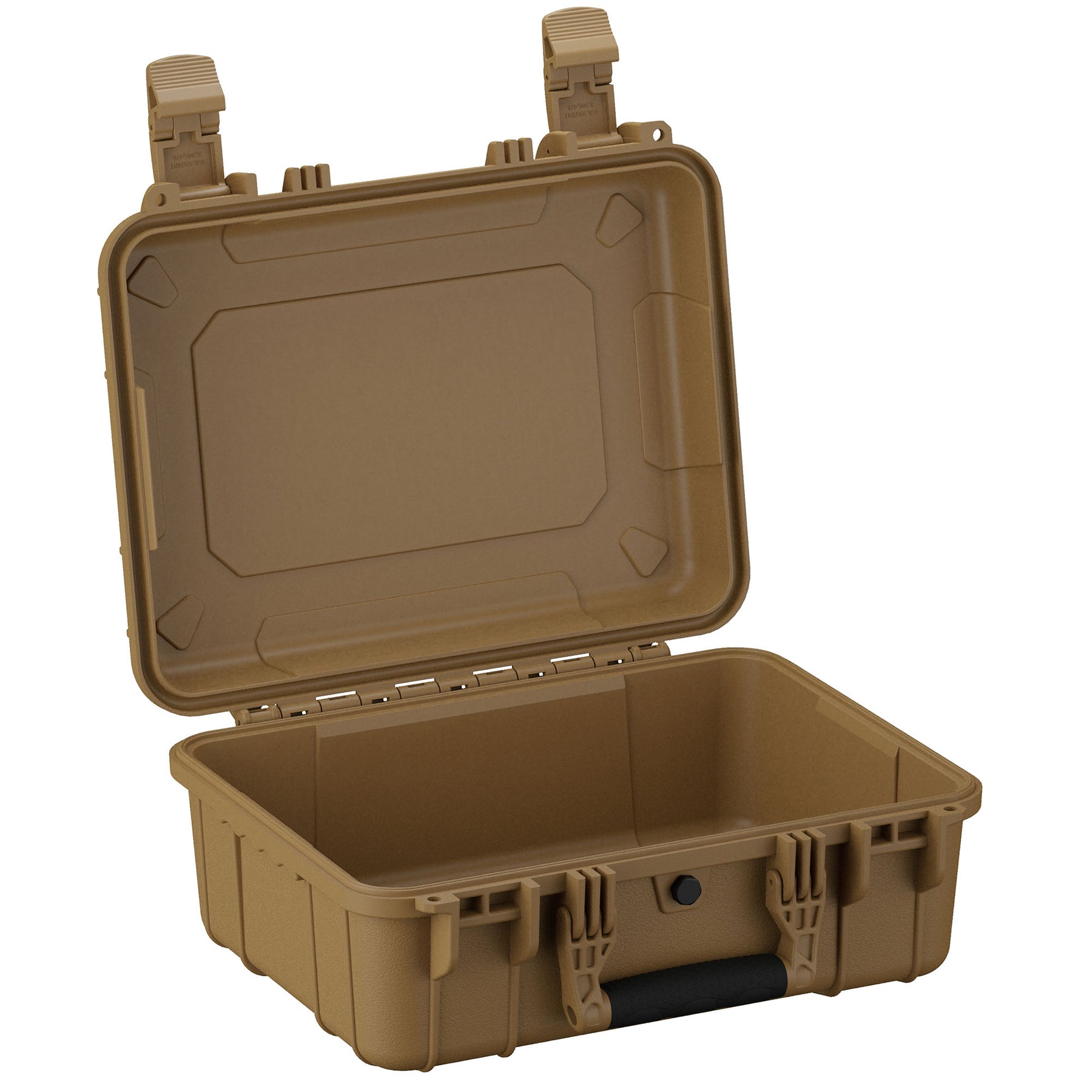 Alt text: Open 16-inch tan medium-sized case with rugged design, featuring sturdy latches and a foam-padded bottom, ideal for secure storage and protection of contents.
