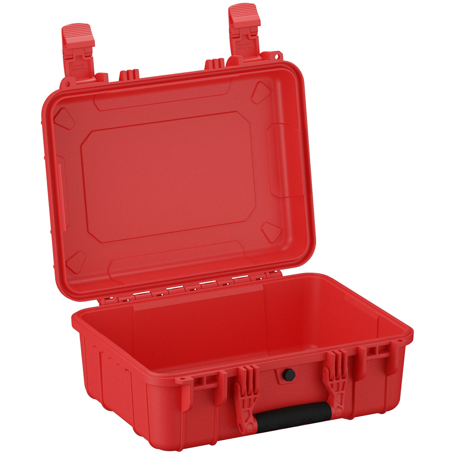 Red 16-inch medium protective case with open lid showing empty interior, designed for storing and transporting sensitive equipment, featuring dual locking clasps and rugged handles.