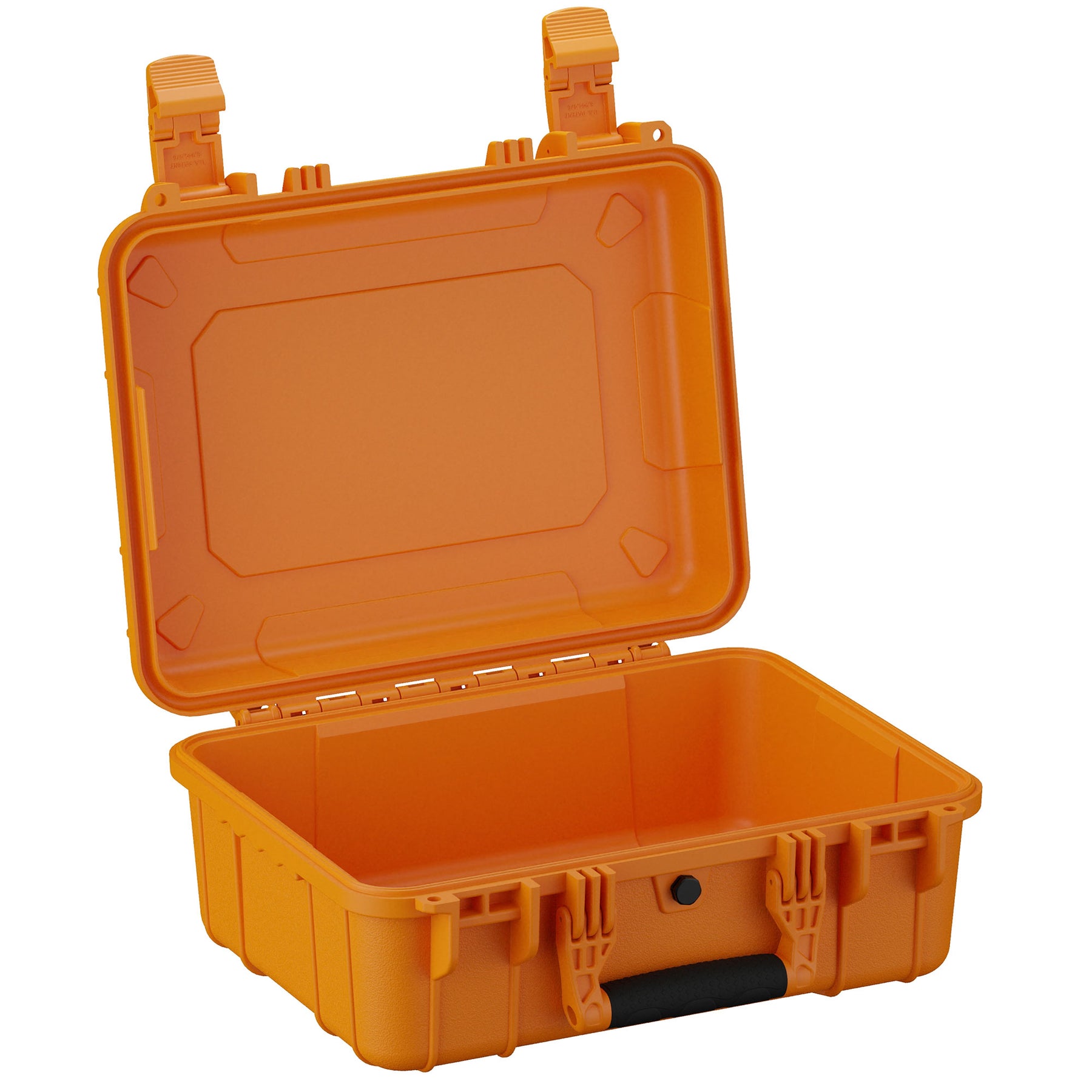 Alt text: "Orange 16-inch medium-sized hard case with durable clasp locks and handle, shown open to display empty interior, ideal for storing and protecting equipment."