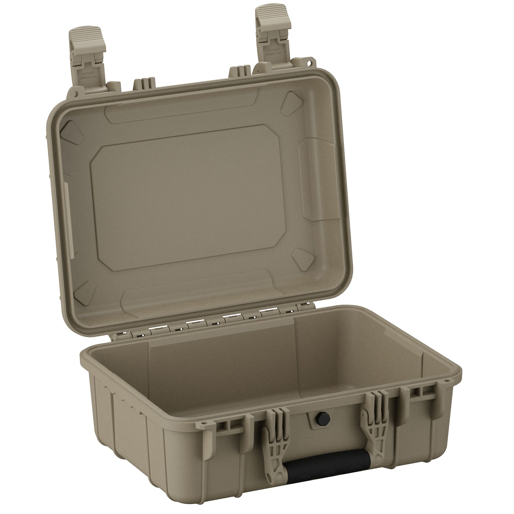 Alt text: "Open 16-inch medium-sized durable plastic case in olive drab color, featuring robust dual latches and a reinforced lid, designed for protective storage and transportation."