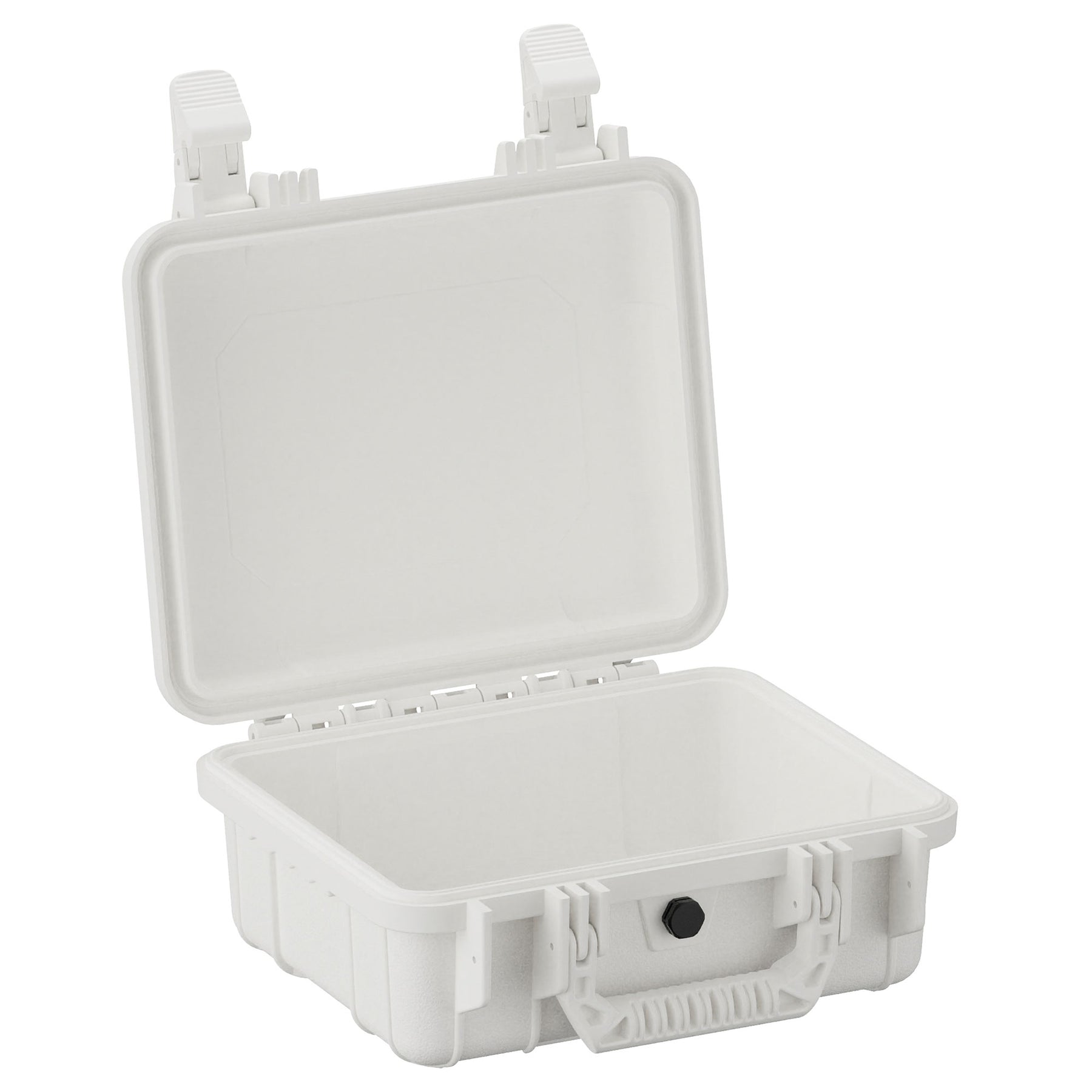 Alt text: "Open 11-inch small protective hard case in off-white color, featuring dual latch closures and pressure release valve, displayed on plain background."