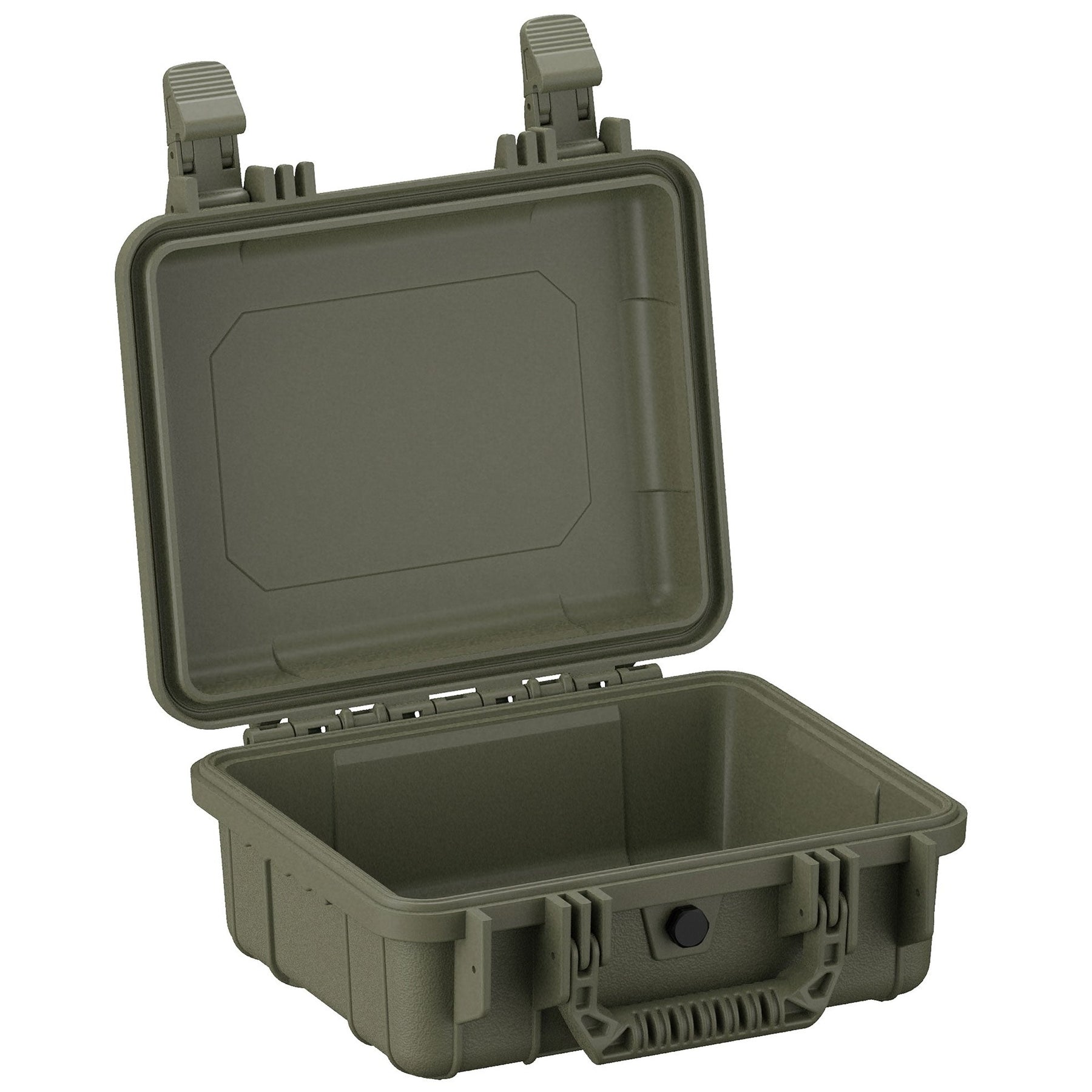 Olive green, hard-shell protective case, 11 inches, with durable clasps and an open lid, showing empty interior compartment.