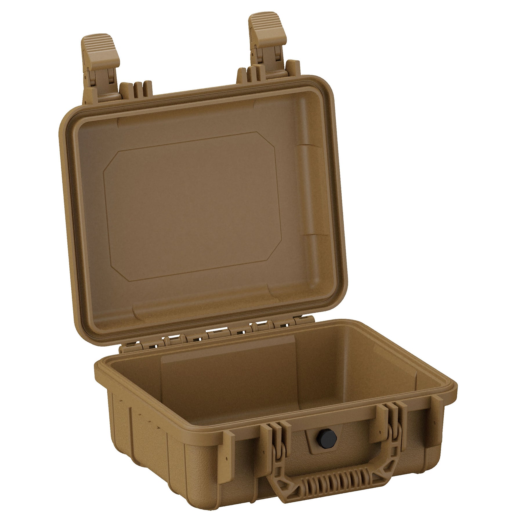 Alt text: "11-inch small protective case in tan, featuring rugged exterior with two latch closures and durable handle, open to show empty interior."