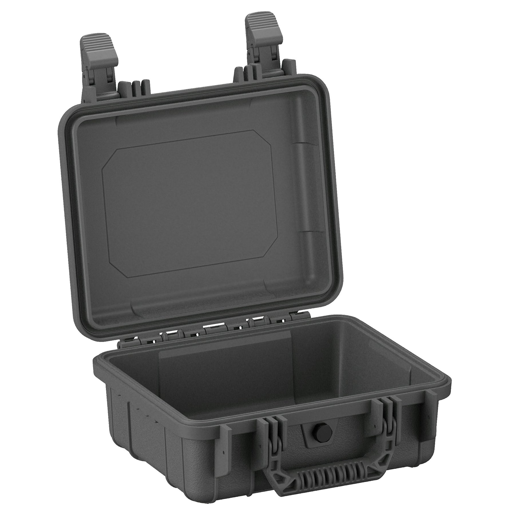 Alt text: "Open 11-inch small protective case in dark gray with durable exterior, featuring sturdy clasps and a deep, empty interior, ideal for storing and protecting sensitive equipment."