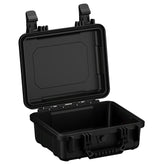 Alt text: "Black protective hard case, model #184, 11 inches, with an open lid showing the interior and sturdy external clasps, designed for securing and protecting delicate items."
