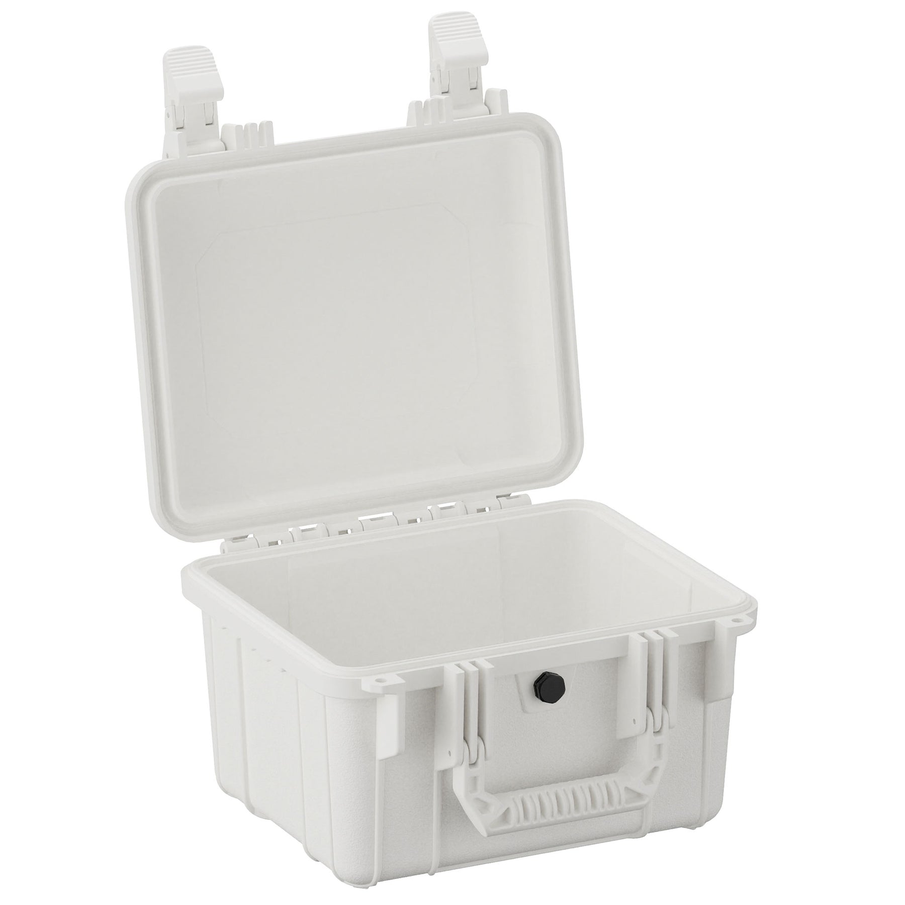 Alt text: "Open 11-inch small, rugged white protective case with durable latches and a drain plug, designed for secure storage and transportation."