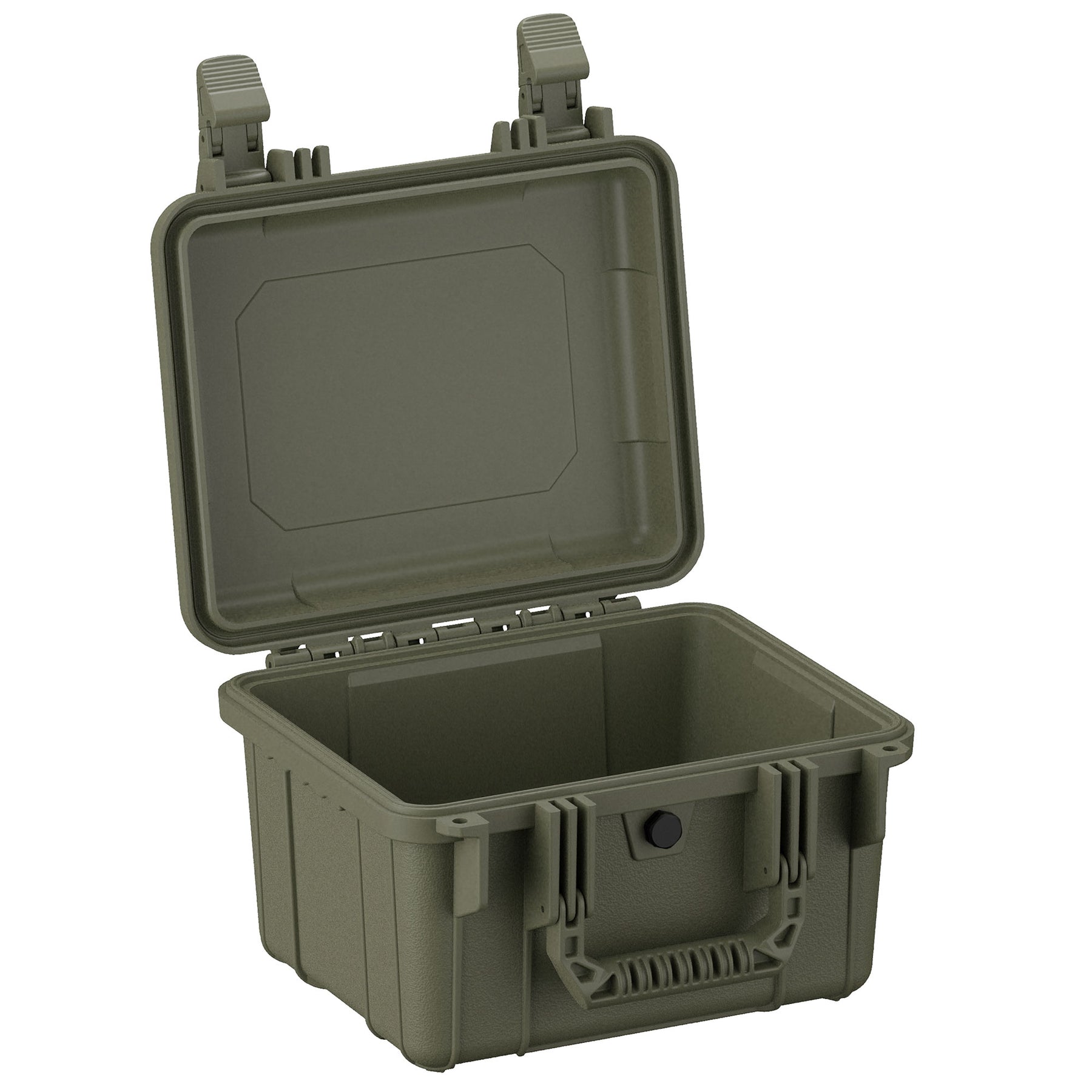 Alt text: "Open olive green 11-inch small hard case with sturdy handles and secure latches, displaying its empty, robust interior suitable for protecting delicate items."