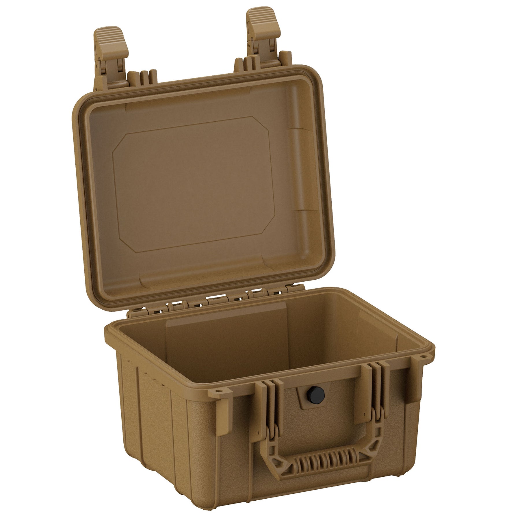 Alt text: "11-inch small rugged storage case shown open, in a tan color, featuring robust hinges, a sturdy handle, and a secure latch system, ideal for protecting delicate equipment."