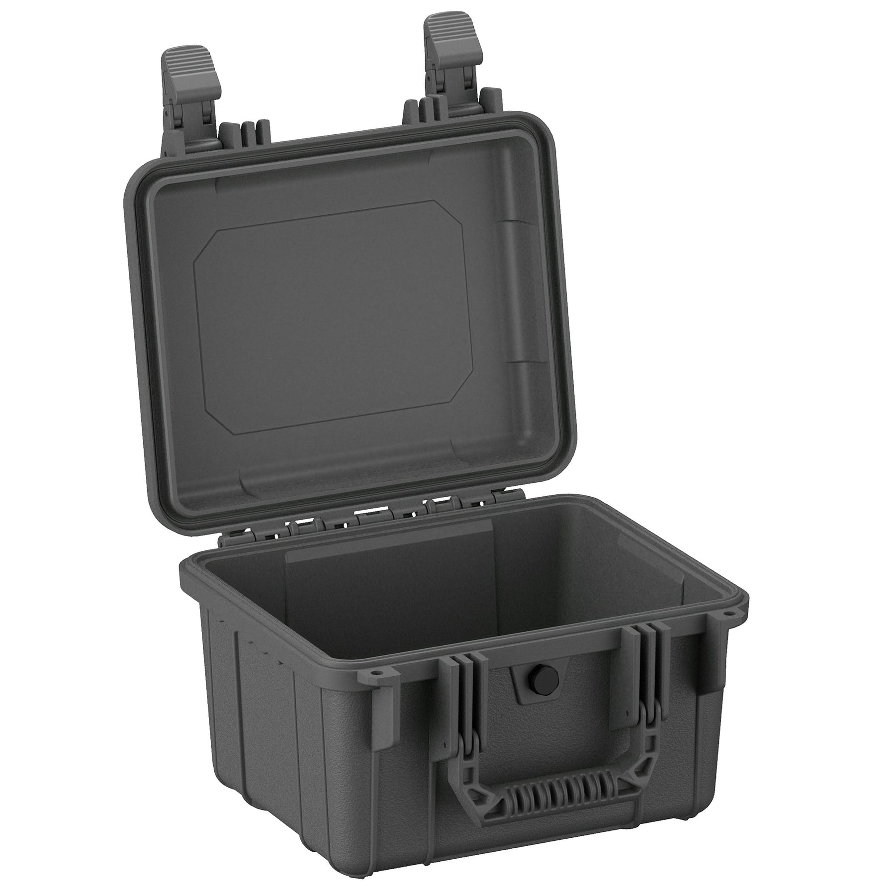 Alt text: "Durable, dark gray 11-inch small protective case opened to reveal its empty interior, featuring robust handles and secure latch closures designed for safe storage and transport of sensitive items."
