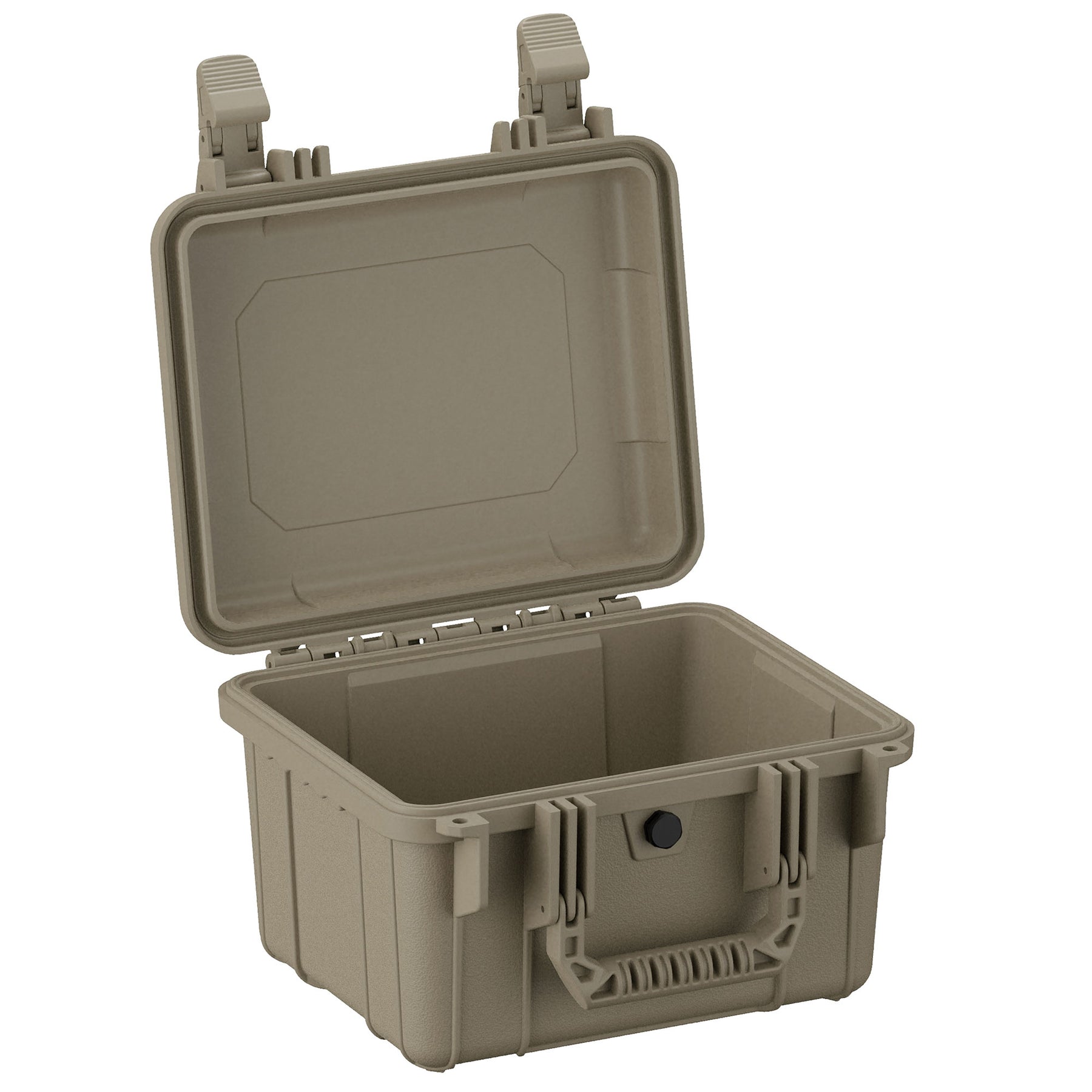 Alt text: Open 11-inch small hard shell case in a neutral color, featuring robust clasps and a reinforced handle, ideal for protecting delicate items.