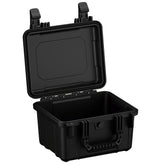 Alt text: Open 11-inch black protective case with a durable exterior and empty, deep compartment, featuring dual latch closures on top for secure storage.