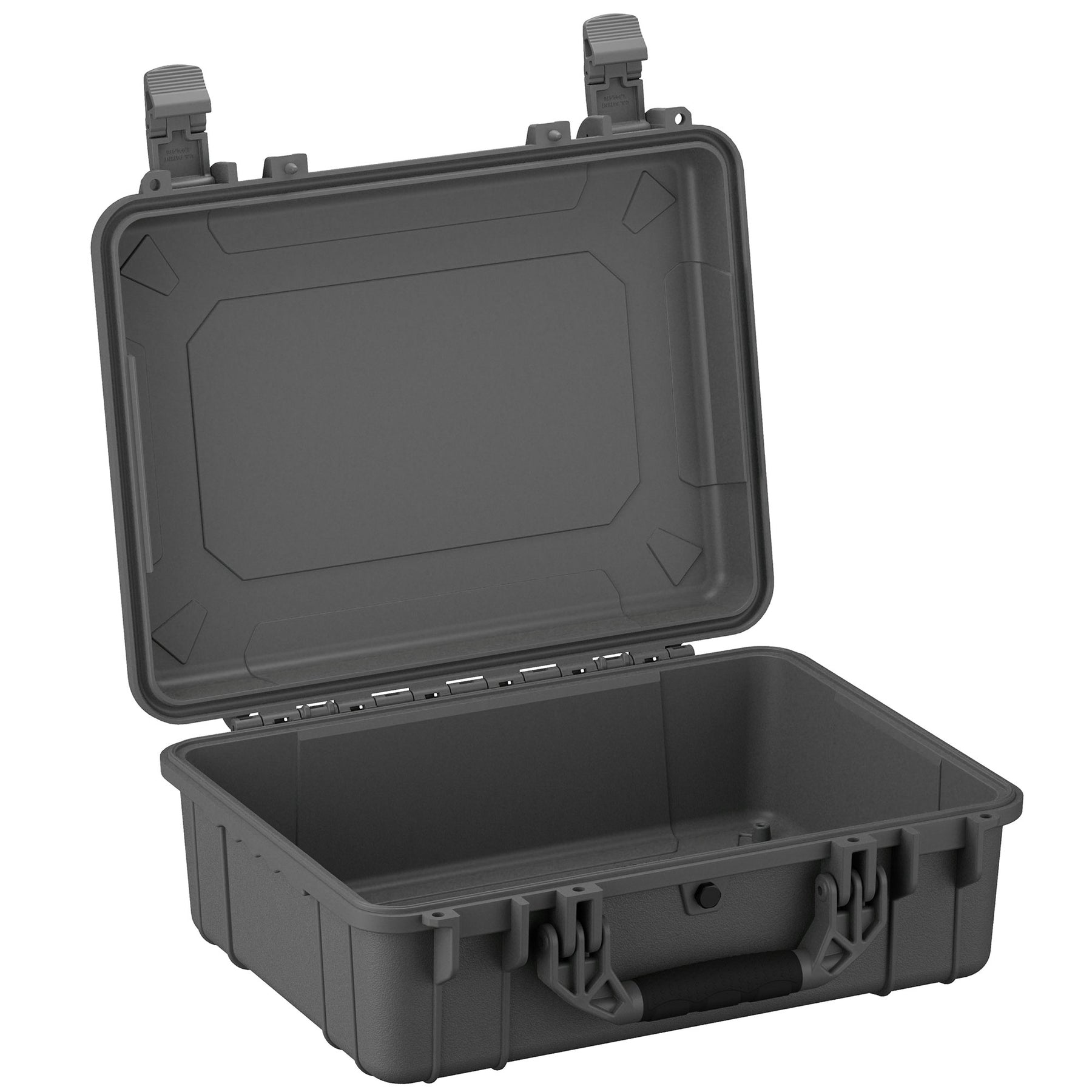 Alt text: "Open large 20-inch protective hard case in gray, featuring rugged design with sturdy latches and reinforced corners, ideal for storing and transporting sensitive equipment securely."