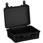 Alt text: "Open 20-inch large protective black case with durable latches, showcasing its deep interior and robust design, ideal for securing valuable equipment. The case is set on a plain background to highlight its features."